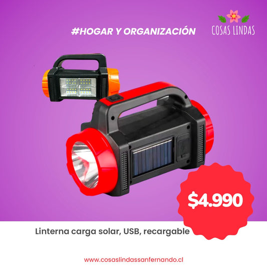 Linterna carga Solar, USB, Recargable
